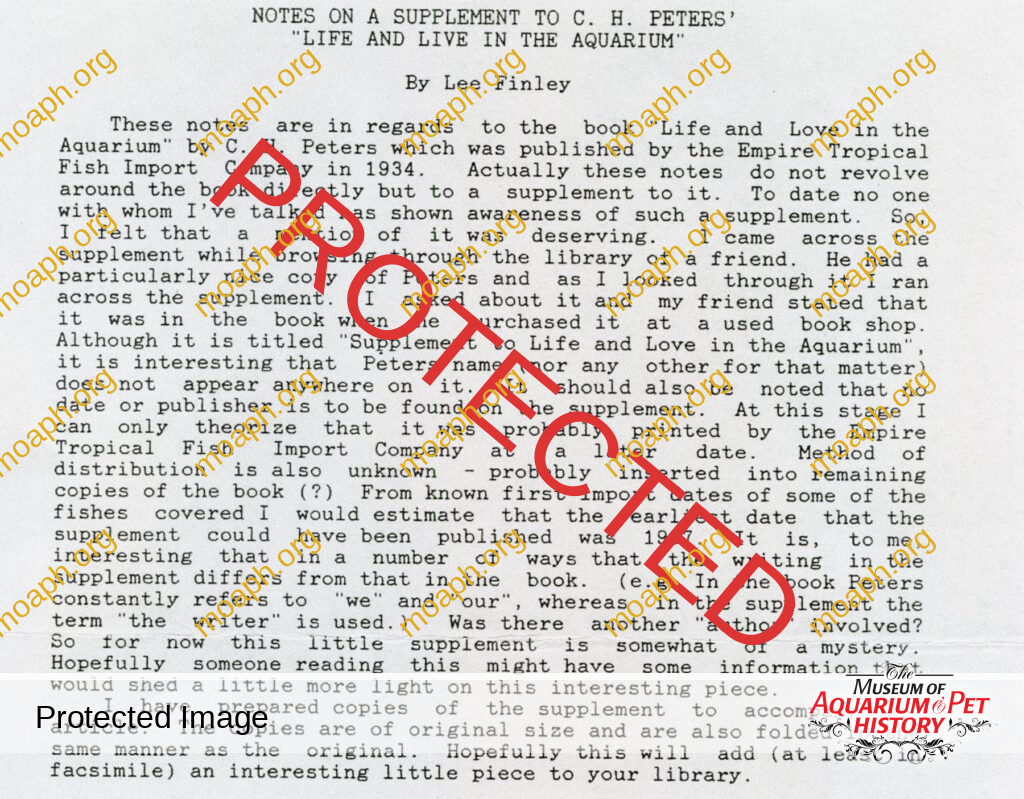 Follow-up on: Notes on a Supplement to C.H. Peters’ "Life and Love in the Aquarium”