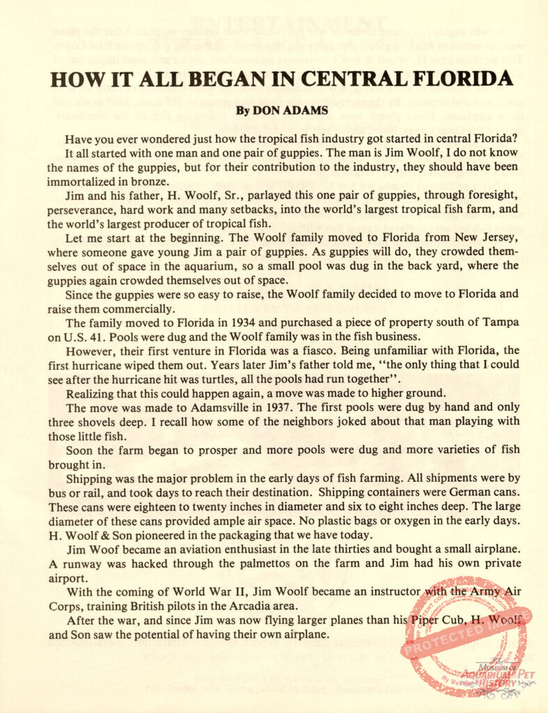 How It All Began In Central Florida (The Birth of the Tropical Fish Farm Business in Florida)