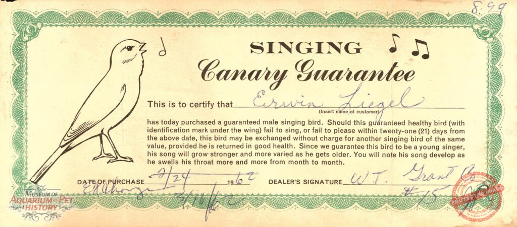 Singing Canary Guarantee Certificate 1962