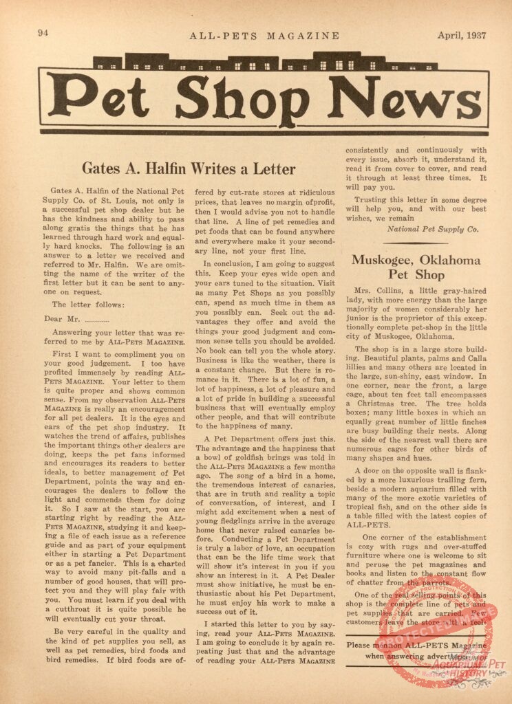 Pet Shop News: Gates A. Halfin Writes a Letter 1937