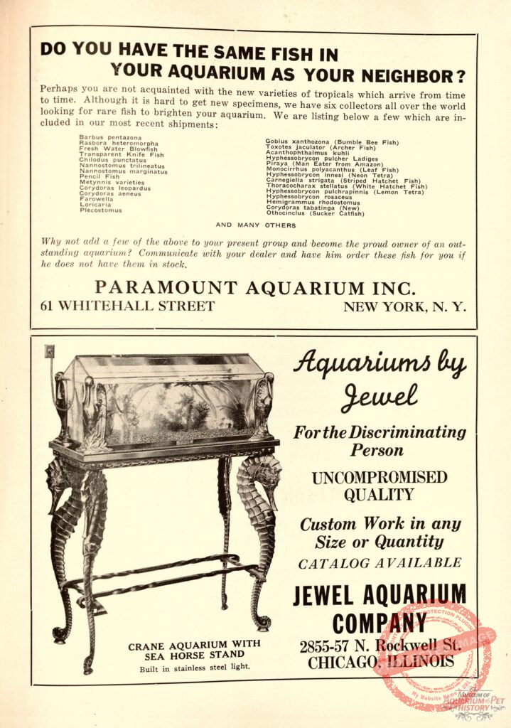 1938 Aquarium Ads: Paramount Aquarium and Jewel Aquarium Company